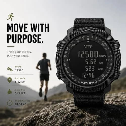 NORTH EDGE Apache 50mm Digital Watch for Men | Rugged Outdoor Companion with Altimeter, Barometer, Compass thumbnail 5
