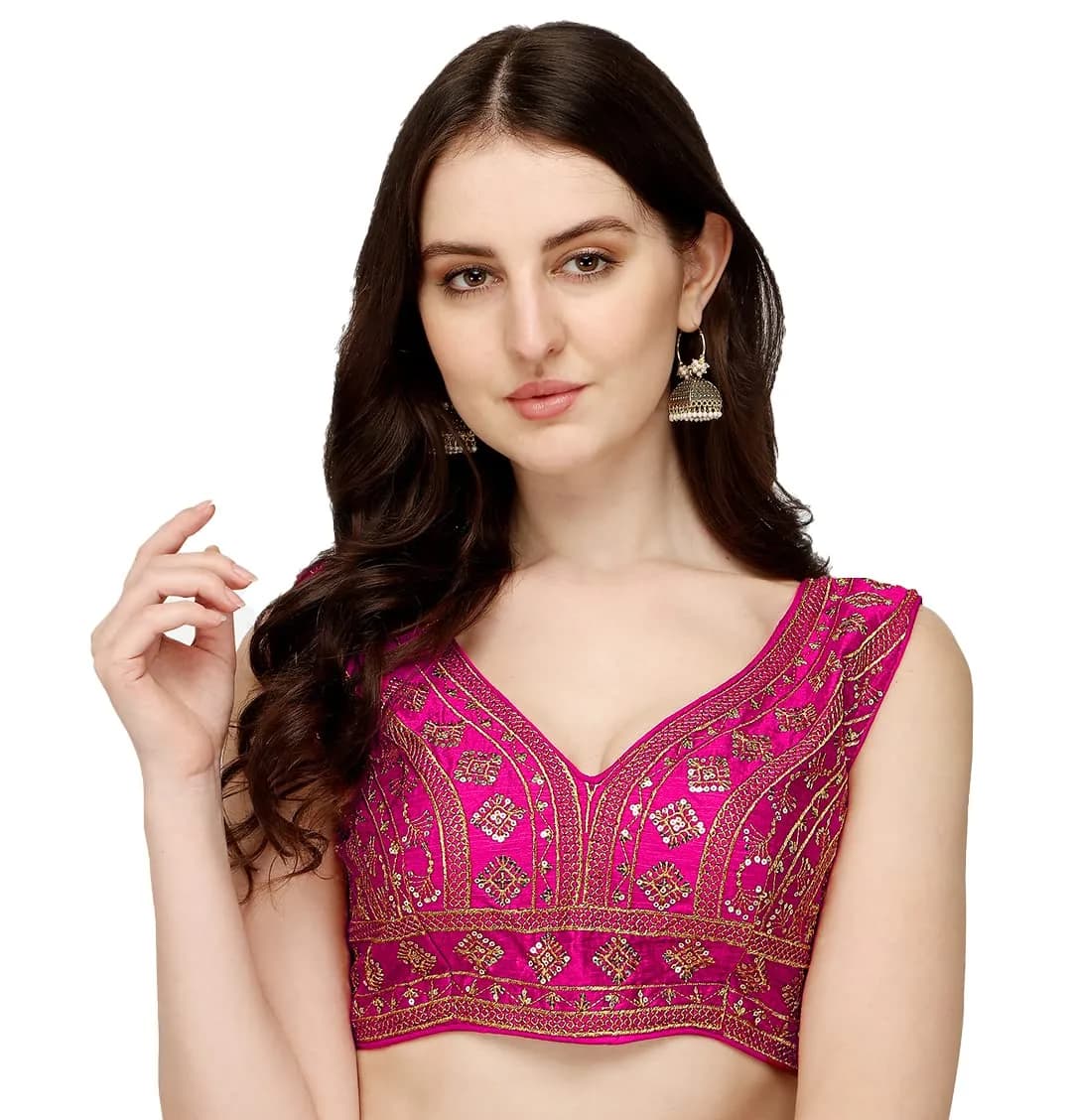 Pujia Mills Women's Phantom Silk Embroidery Zari Work Readymade Saree Blouse, Pink, 38 (100g) — Pink