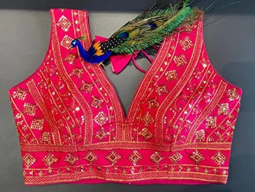 Pujia Mills Women's Phantom Silk Embroidery Zari Work Readymade Saree Blouse, Pink, 38 (100g) thumbnail 6
