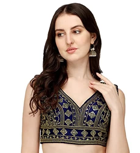 Pujia Mills Ladies Silk Sequin Sari Blouse V-Neck Padded 38 (100g) thumbnail 1