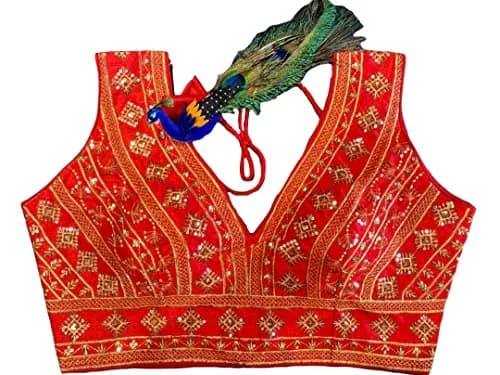 Pujia Mills Ladies Silk Sequin Sari Blouse 38 (96.52 cm) | Red V-Neck Padded Blouse with Zari Embroidery thumbnail 5