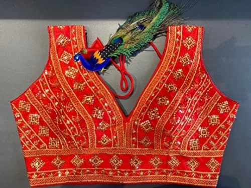Pujia Mills Ladies Silk Sequin Sari Blouse 38 (96.52 cm) | Red V-Neck Padded Blouse with Zari Embroidery thumbnail 6