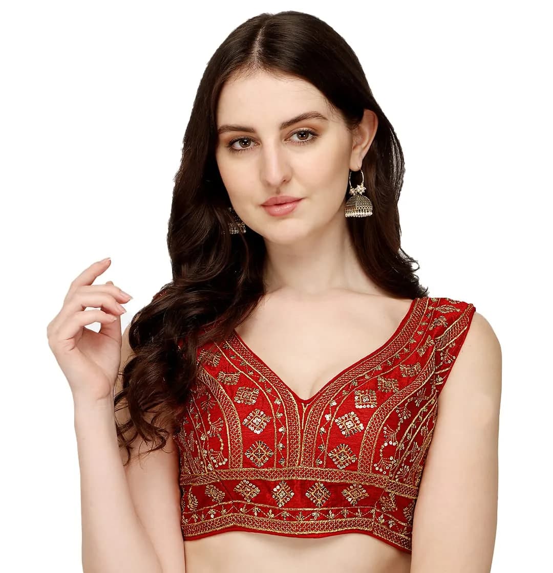 Pujia Mills Ladies Silk Sequin Sari Blouse 38 (96.52 cm) | Red V-Neck Padded Blouse with Zari Embroidery — Red