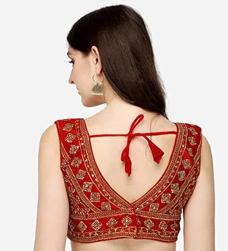 Pujia Mills Ladies Silk Sequin Sari Blouse 38 (96.52 cm) | Red V-Neck Padded Blouse with Zari Embroidery thumbnail 2