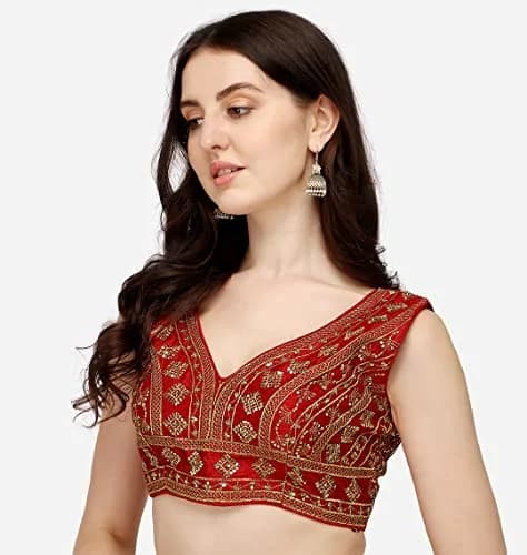 Pujia Mills Ladies Silk Sequin Sari Blouse 38 (96.52 cm) | Red V-Neck Padded Blouse with Zari Embroidery thumbnail 3