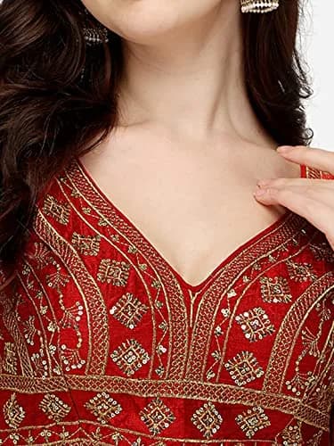Pujia Mills Ladies Silk Sequin Sari Blouse 38 (96.52 cm) | Red V-Neck Padded Blouse with Zari Embroidery thumbnail 4