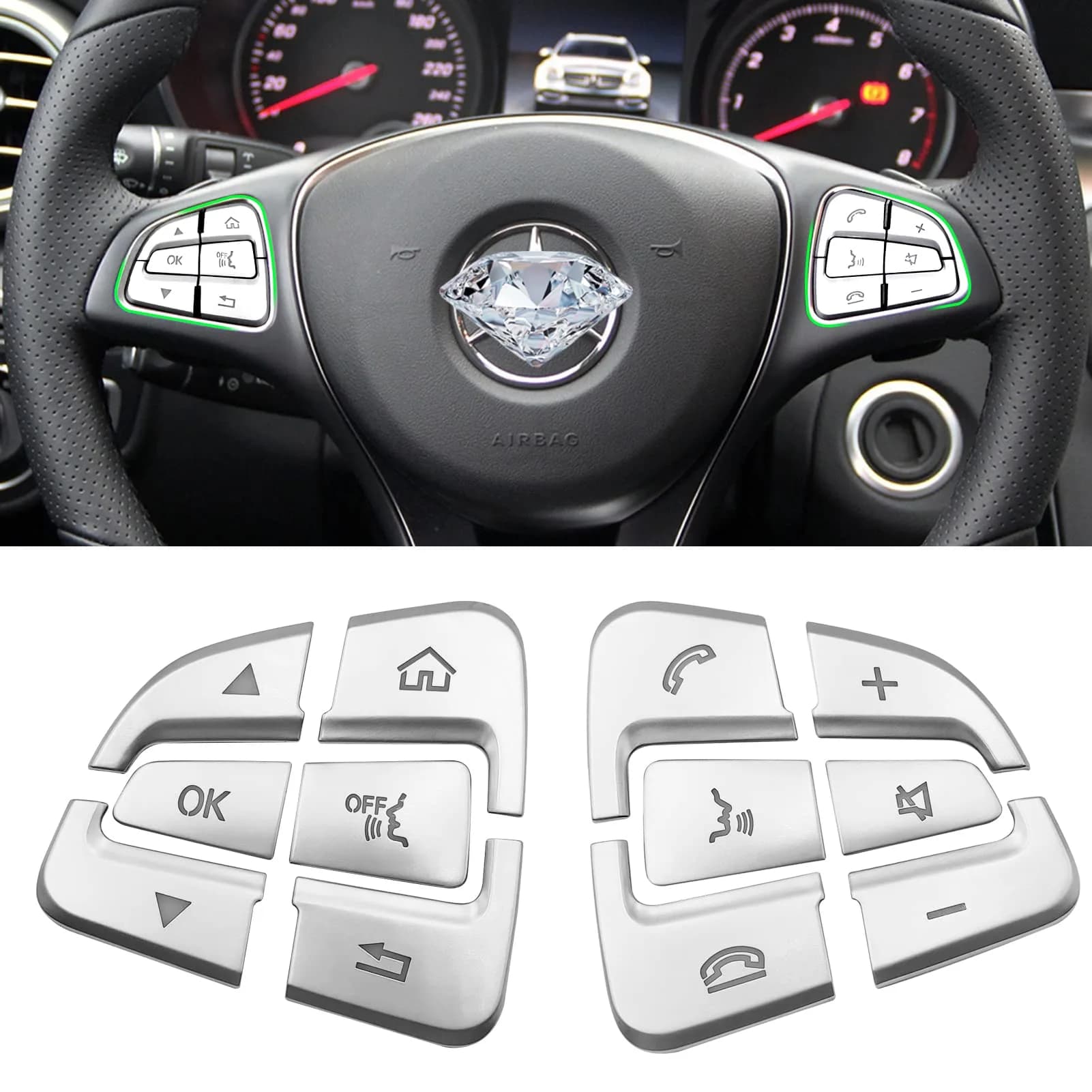 Moonlinks Steering Wheel Button Trim Stickers 12-Pack | Chrome-Plated ABS for Mercedes Benz C V GLC Class — Model A