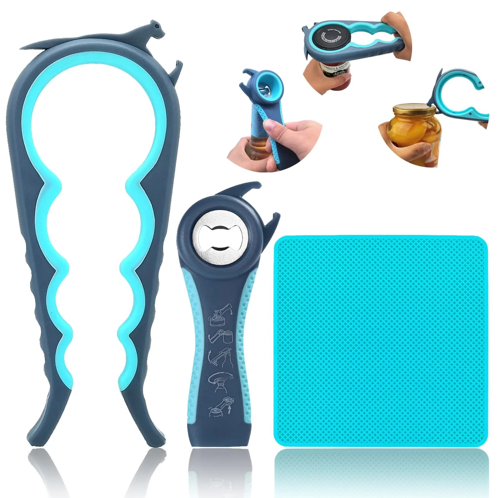Otstar Jar Opener Bottle & Can Opener for Weak Hands | Effortless Lid Removal (White & Cyan) — Blue and Grey / 3 Pcs: 1 Jar opener+1 Bottle Opener+1 Gripper Pad