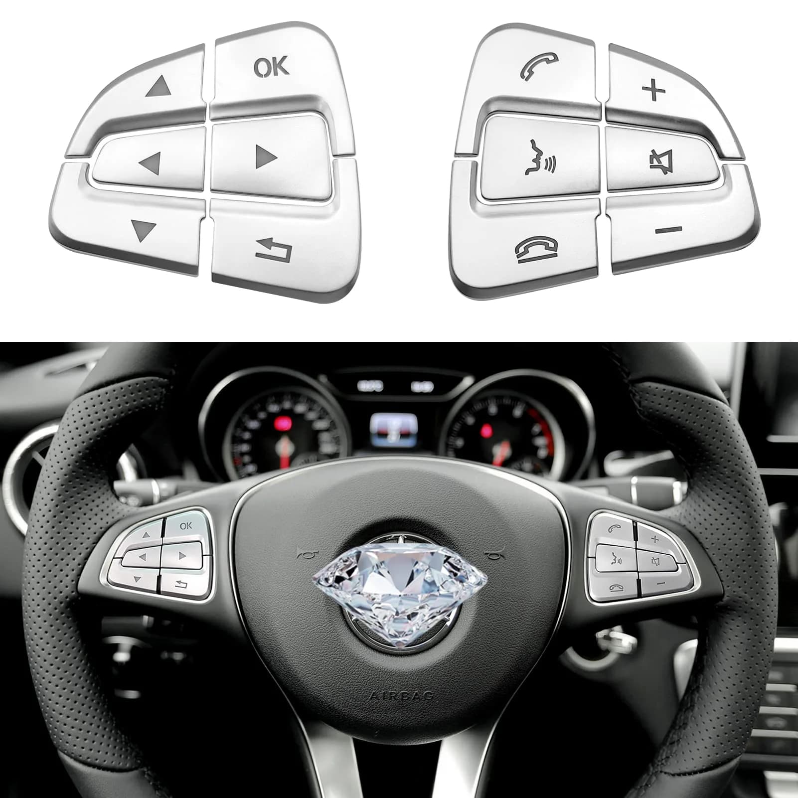 Moonlinks Chrome Steering Wheel Button Covers Trim Stickers for Mercedes Benz A B GLA CLA GLS GLE CLS SL Class (12 Pack) — Model B