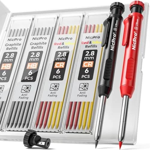 Nicpro Mechanical Carpenter Pencils with Sharpener & 26 Refills | Deep Hole Construction Marking Tool for Woodworking, Metal, Plastic thumbnail 1