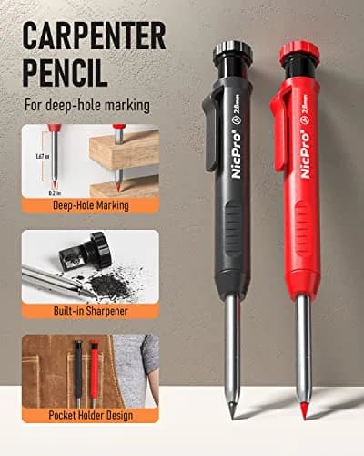 Nicpro Mechanical Carpenter Pencils with Sharpener & 26 Refills | Deep Hole Construction Marking Tool for Woodworking, Metal, Plastic thumbnail 2