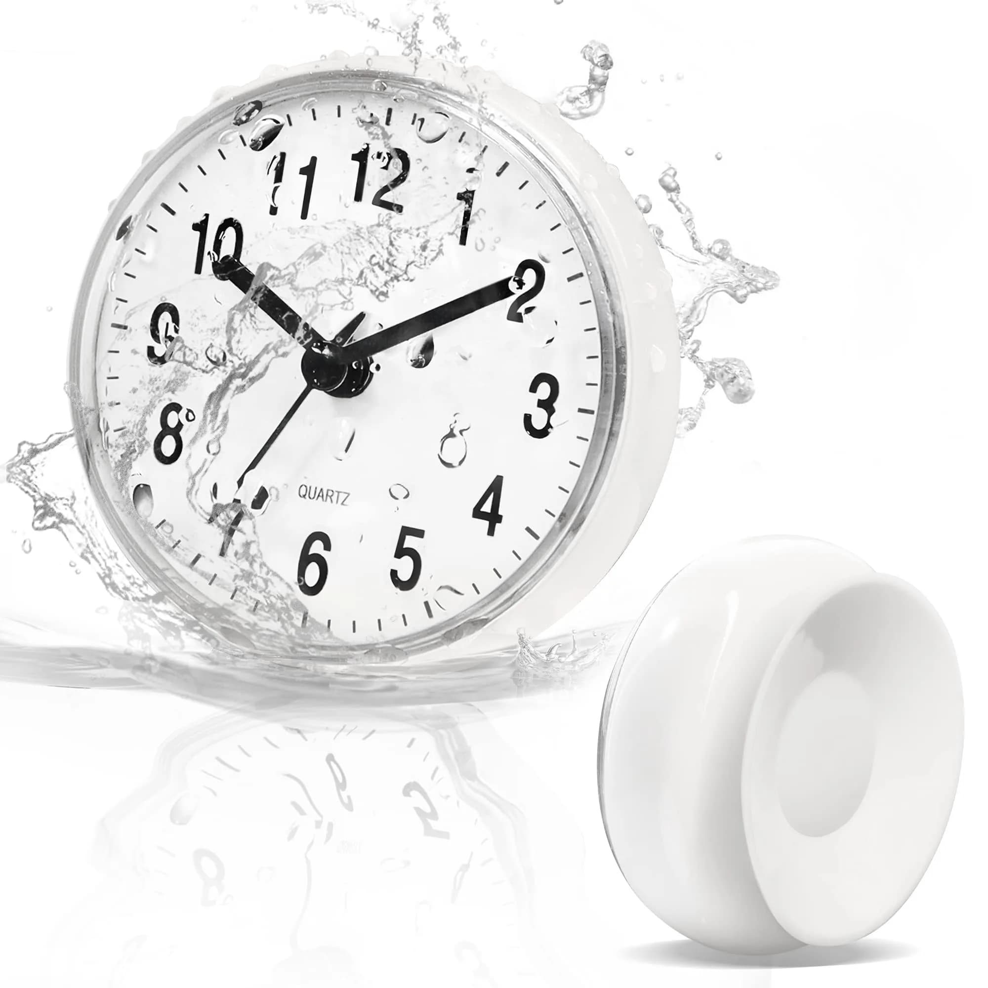 Betus Waterproof Bathroom Shower Clock with Large Suction Cup - Silent, Water Proof, Battery Operated Wall Clock for Toilet, Kitchen, Bedroom (White) | Easy Setup Analog Clock