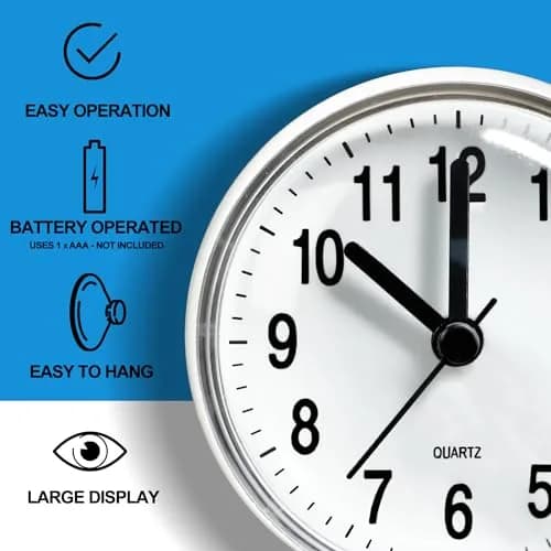 Betus Waterproof Bathroom Shower Clock with Large Suction Cup - Silent, Water Proof, Battery Operated Wall Clock for Toilet, Kitchen, Bedroom (White) | Easy Setup Analog Clock thumbnail 6