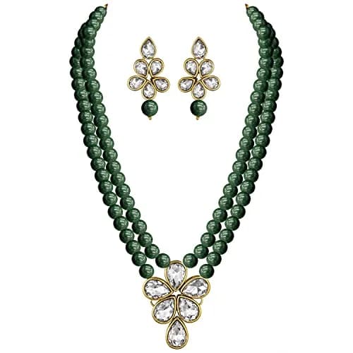 I Jewels Gold Plated Kundan & Pearl Studded Necklace Jewellery Set for Women (Green) | Traditional Indian Wedding Bollywood Style thumbnail 1