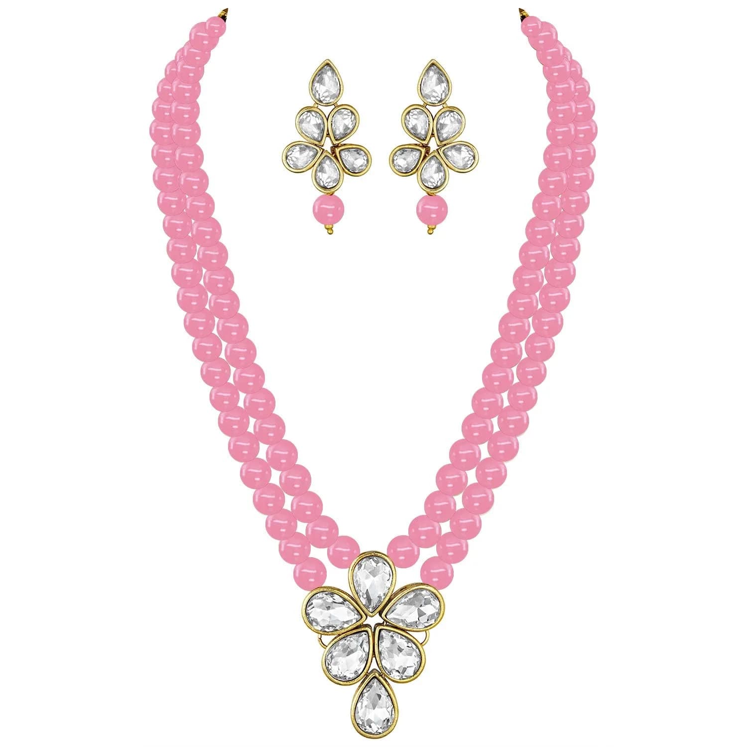 I Jewels Gold Plated Kundan & Pearl Studded Necklace Jewellery Set for Women (34cm Necklace, 4.5cm Earrings) | Authentic Indian Wedding Wear — Pink