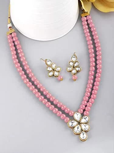 I Jewels Gold Plated Kundan & Pearl Studded Necklace Jewellery Set for Women (34cm Necklace, 4.5cm Earrings) | Authentic Indian Wedding Wear thumbnail 3