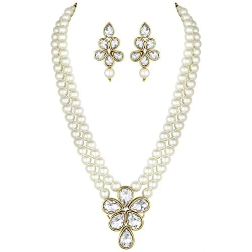 I Jewels Gold Plated Kundan & Pearl Studded Necklace Jewellery Set for Women | 34cm Necklace, 4.5cm Earrings thumbnail 1