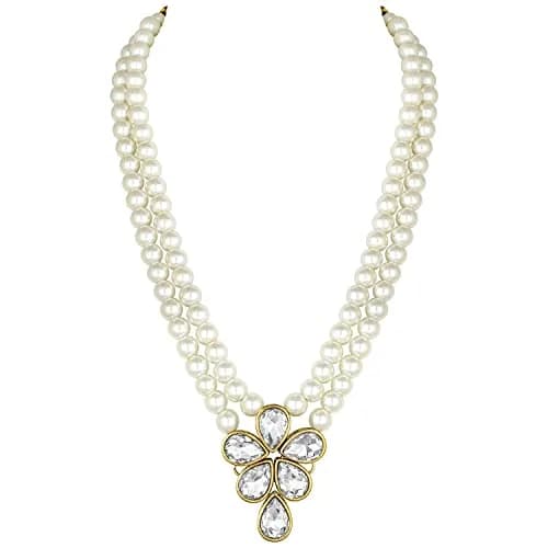 I Jewels Gold Plated Kundan & Pearl Studded Necklace Jewellery Set for Women | 34cm Necklace, 4.5cm Earrings thumbnail 5