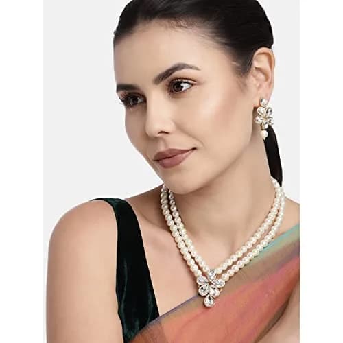 I Jewels Gold Plated Kundan & Pearl Studded Necklace Jewellery Set for Women | 34cm Necklace, 4.5cm Earrings thumbnail 3