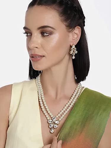 I Jewels Gold Plated Kundan & Pearl Studded Necklace Jewellery Set for Women | 34cm Necklace, 4.5cm Earrings thumbnail 4