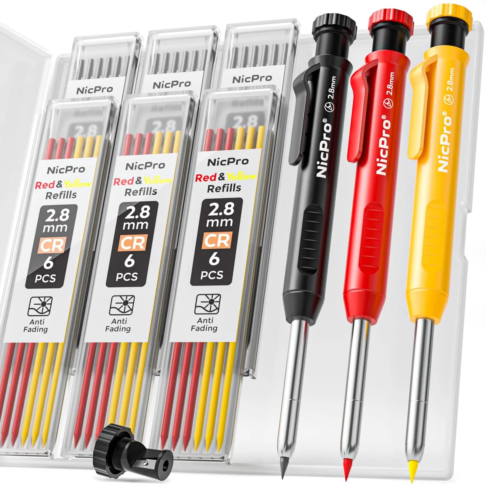 Nicpro 3 Pack Carpenter Pencils with Sharpener | Durable Metal Tip, 39 Refills, Ergonomic Grip for Woodworking & Construction - main product image