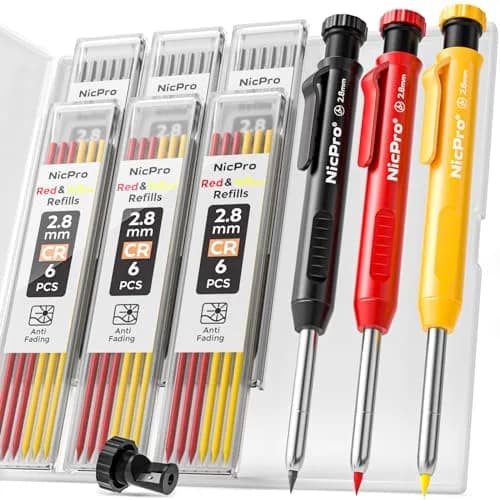 Nicpro 3 Pack Carpenter Pencils with Sharpener | Durable Metal Tip, 39 Refills, Ergonomic Grip for Woodworking & Construction thumbnail 1