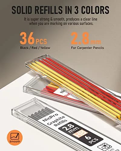 Nicpro 3 Pack Carpenter Pencils with Sharpener | Durable Metal Tip, 39 Refills, Ergonomic Grip for Woodworking & Construction thumbnail 4