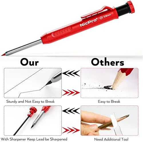 Nicpro 3 Pack Carpenter Pencils with Sharpener | Durable Metal Tip, 39 Refills, Ergonomic Grip for Woodworking & Construction thumbnail 8
