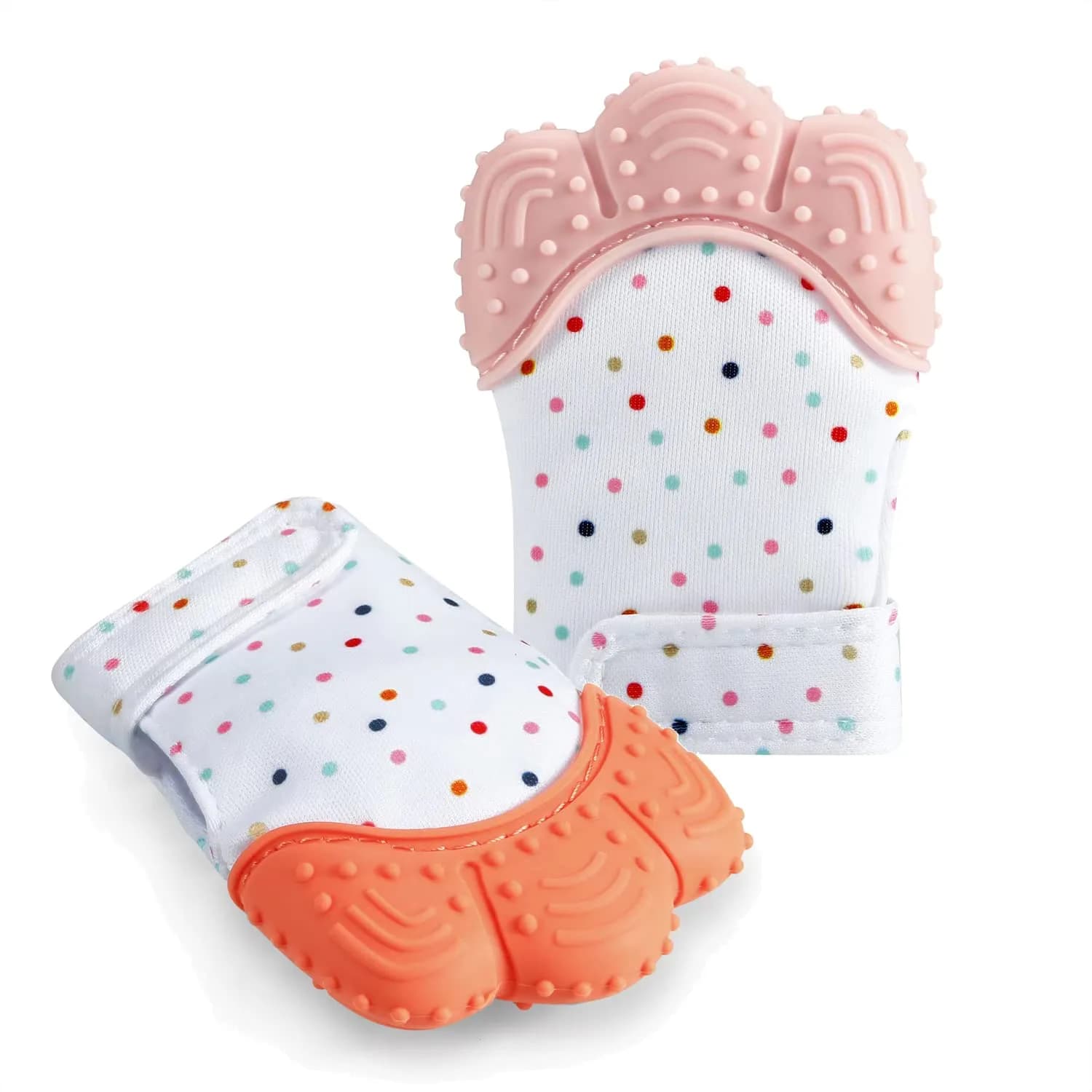 PandaEar Soothing Teething Mitten 2 Pack, Orange Pink | BPA-Free Silicone for Babies 0-12 Months - main product image