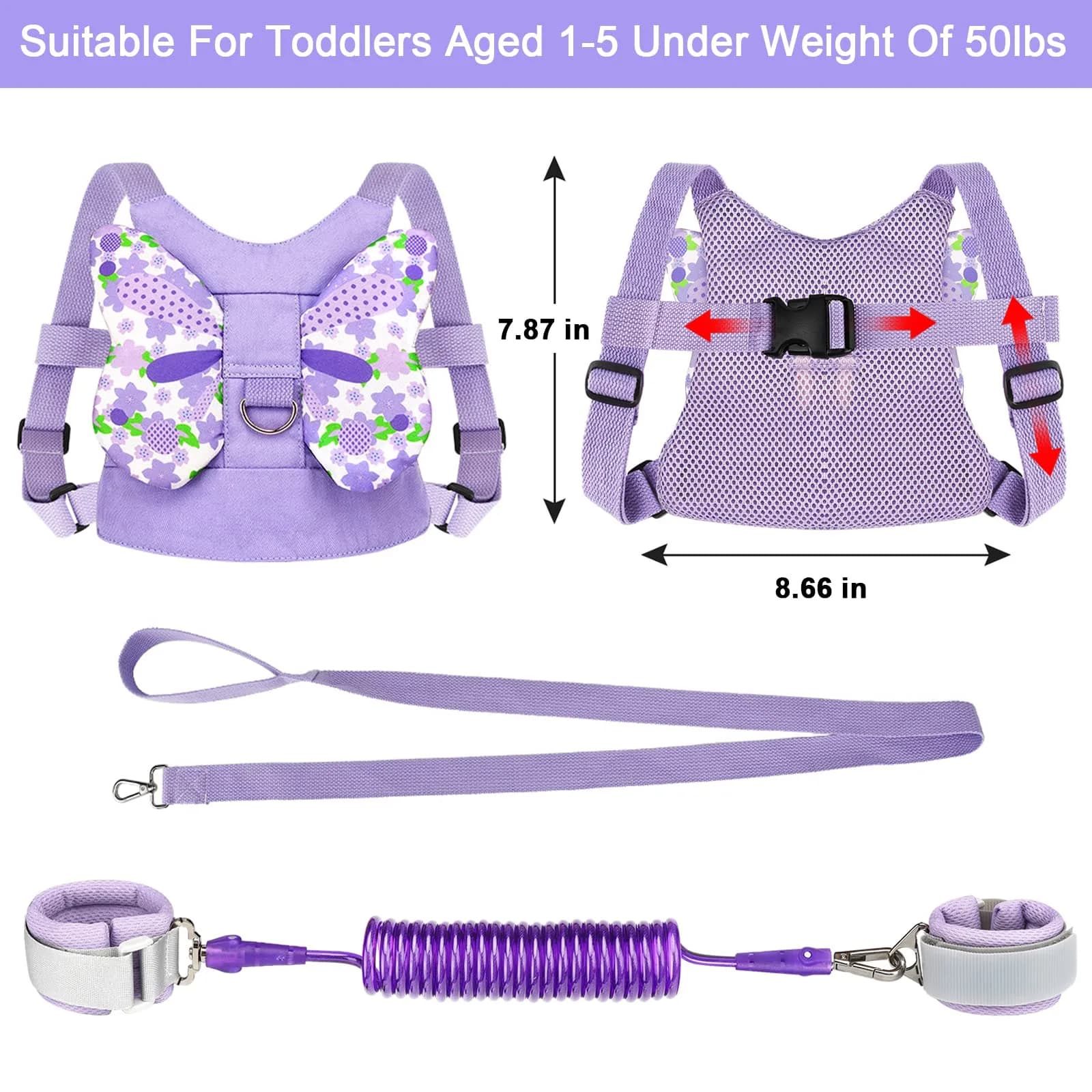 Accmor Butterfly Toddler Harness Leash with Anti-Lost Wrist Link, Purple, 1-5 Years | Secure Walking Assistant for Girls - view 2