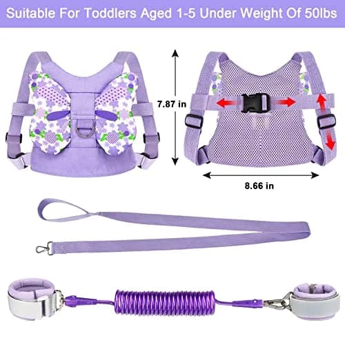 Accmor Butterfly Toddler Harness Leash with Anti-Lost Wrist Link, Purple, 1-5 Years | Secure Walking Assistant for Girls thumbnail 2