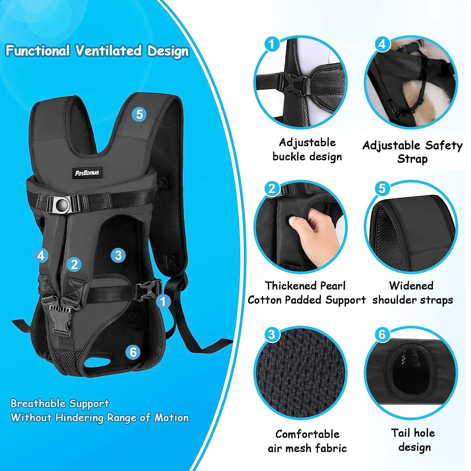 PetBonus Black XL Dog Carrier Backpack (14"L x 10.5"W x 3.9"H) for Hands-Free Hiking & Travel - view 2