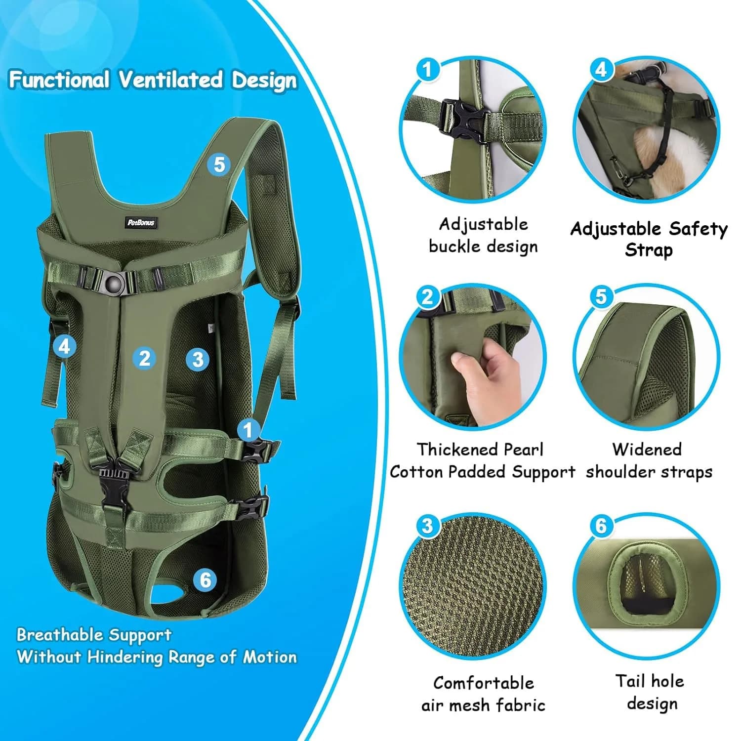PetBonus Army Green X-Large Dog Carrier Backpack for Hands-Free Hiking and Travel - view 2