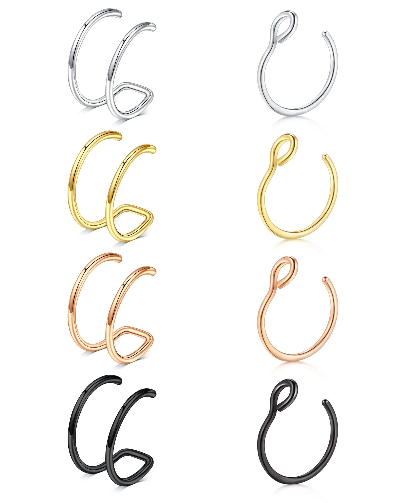 MODRSA Fake Nose Rings - Hoop & Double Hoop Piercings for Women & Men | Hypoallergenic Stainless Steel, 8 Pieces — 12-fake double nose hoop