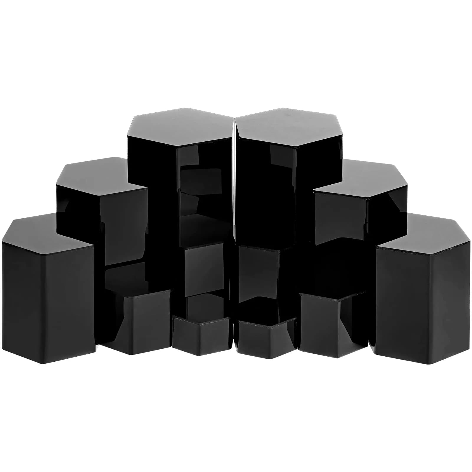Jetec Black 12 Pcs Hexagonal Jewelry Display Risers Acrylic Stands (6 Sizes, 2 Each) | Versatile Display for Collections & Events