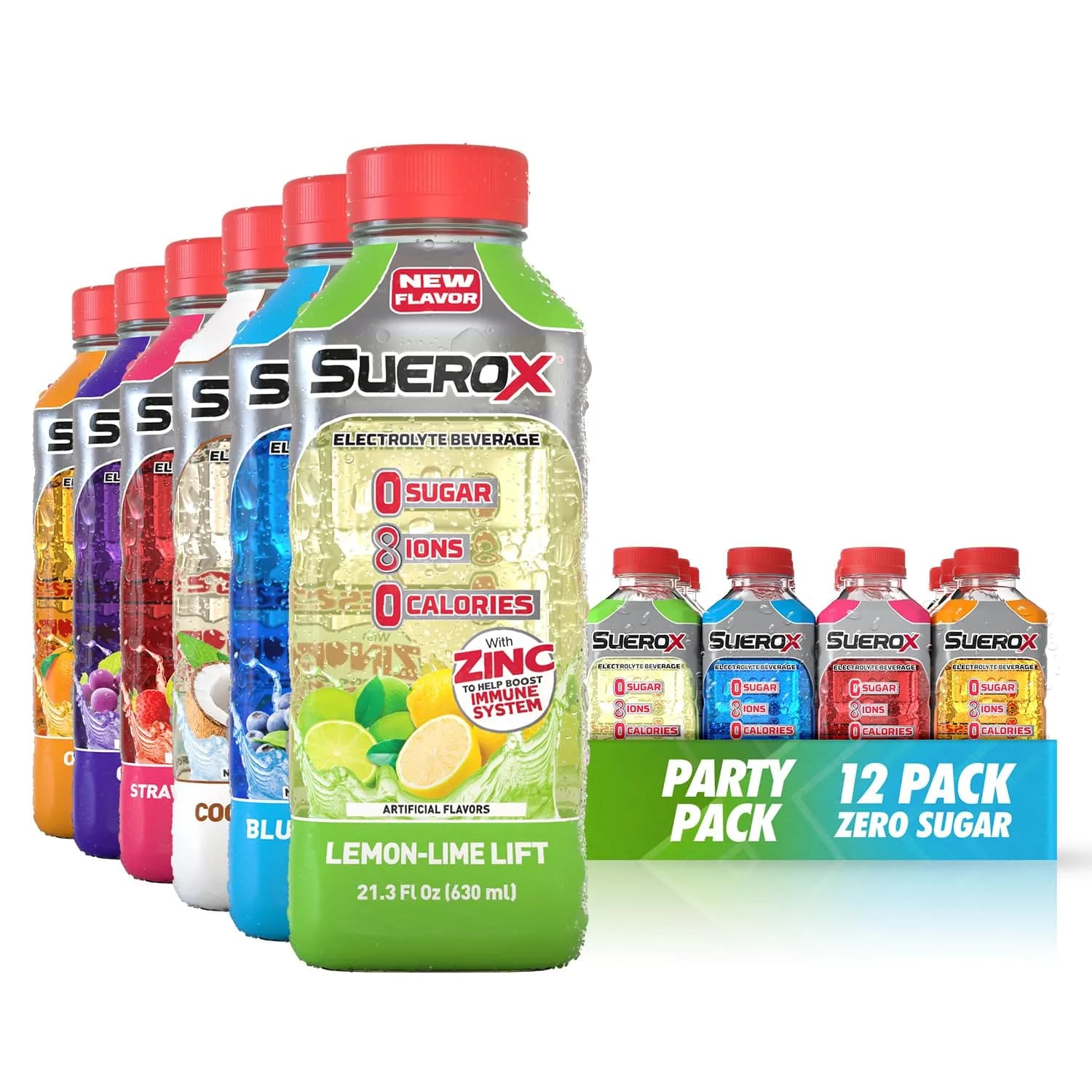 SueroX Sugar Free Electrolyte Drink Variety Pack 12 x 21.3 Fl Oz | Zero Sugar, Hydration & Immune Support — PARTY PACK