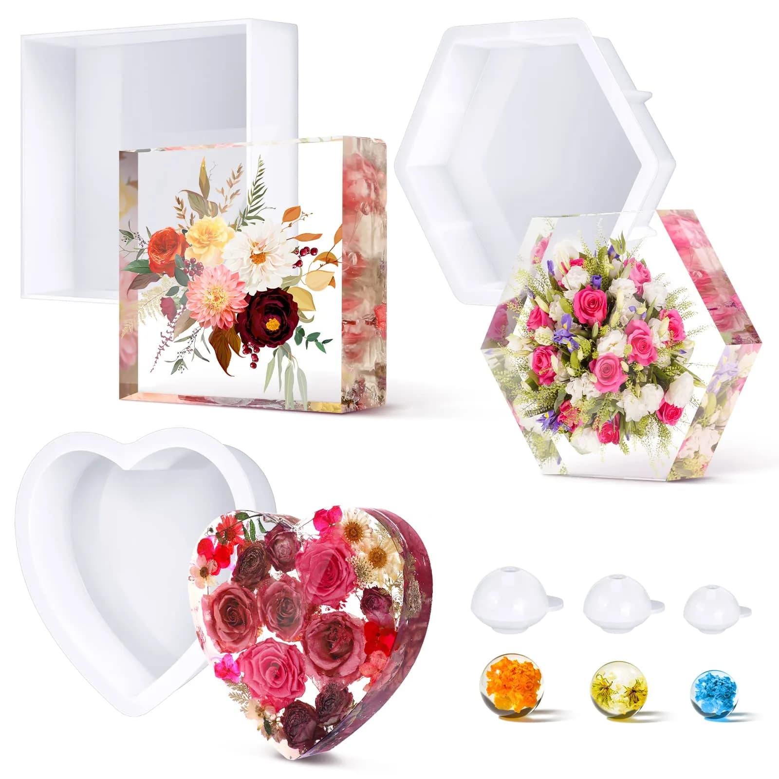 Potchen Resin Casting Molds Set | Large Silicone Shapes for Jewelry & Art (approx. 14.8x14.8cm, 17.9x18.2cm, 25.8cm hexagon, round 20-30mm) — Heart Style
