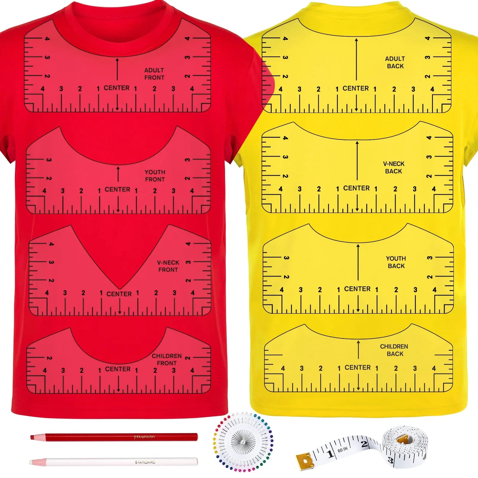 tietoc 12pcs T-Shirt Ruler Guide Set with Soft Measuring Tape & Pencils | 10"x4" Adult Ruler (12-Piece Set) - main product image