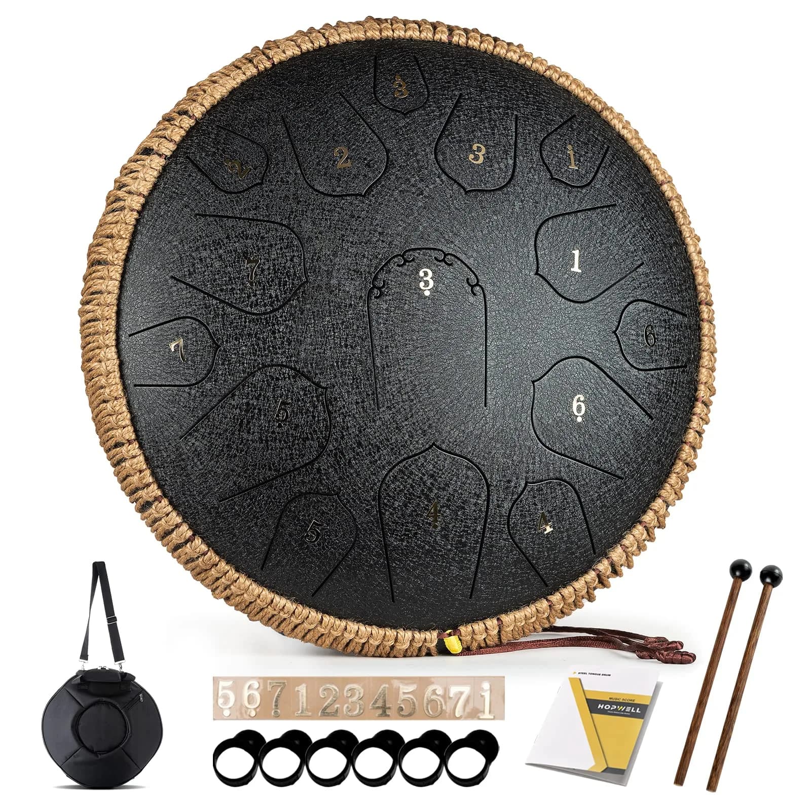 HOPWELL Steel Tongue Drum 15 Notes 14 Inch | Hand Pan with Music Book, Mallets, Carry Bag, D Major, Black