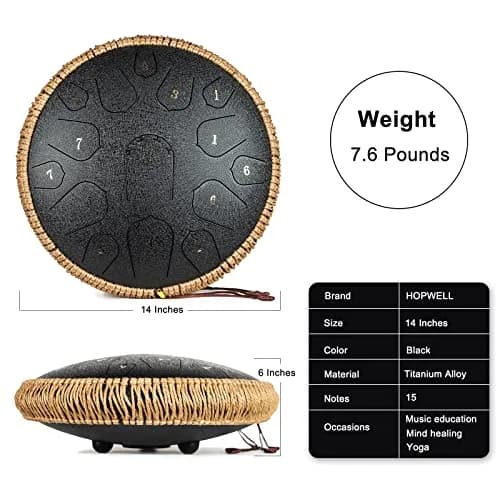 HOPWELL Steel Tongue Drum 15 Notes 14 Inch | Hand Pan with Music Book, Mallets, Carry Bag, D Major, Black thumbnail 5