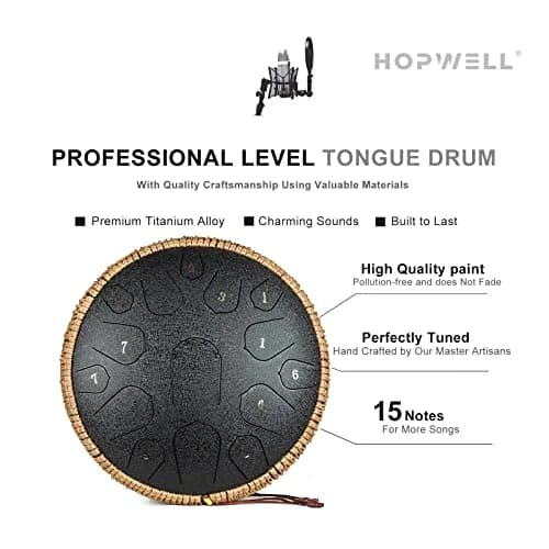 HOPWELL Steel Tongue Drum 15 Notes 14 Inch | Hand Pan with Music Book, Mallets, Carry Bag, D Major, Black thumbnail 3