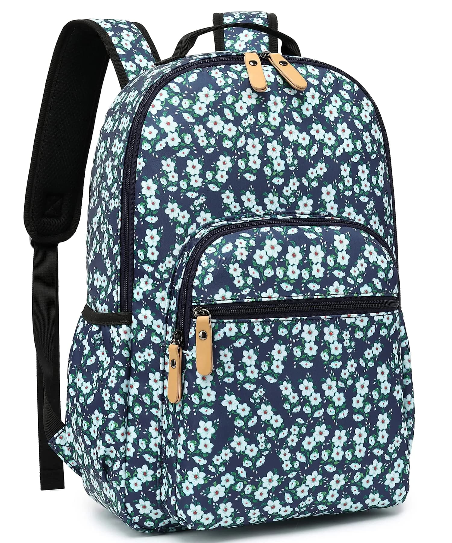 Leaper Floral School Backpack Travel Bag Women Satchel, Black-pink Flower [8005up] 17L (11.8"W x 16.5"H x 6.7"D) | Water-Resistant Polyester — Dark Blue-white Flower2