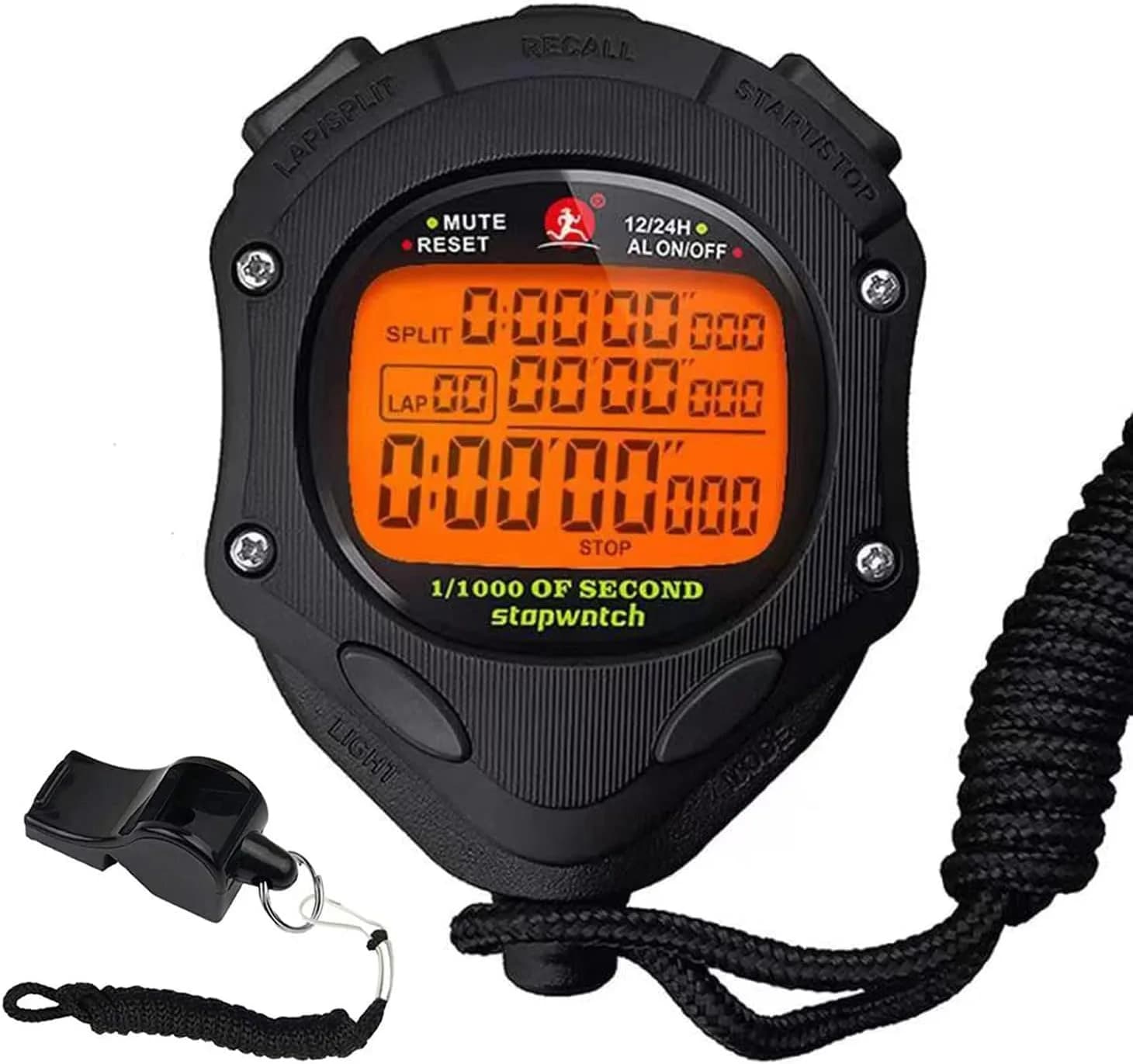 Rolilink Metal Stopwatch with Backlight & Alarm | 2 Lap Memory, 1/100 Sec Accuracy, 7.3cm (2.87in) — 100 Lap-backlight-black