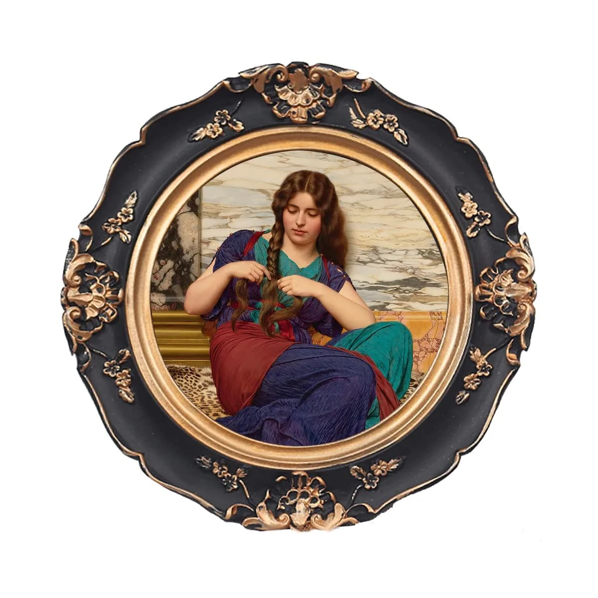 WINPLUS+ Vintage Round Picture Frame 4x4 inch (10x10 cm) | Antique Black Resin with Golden Floral Detail