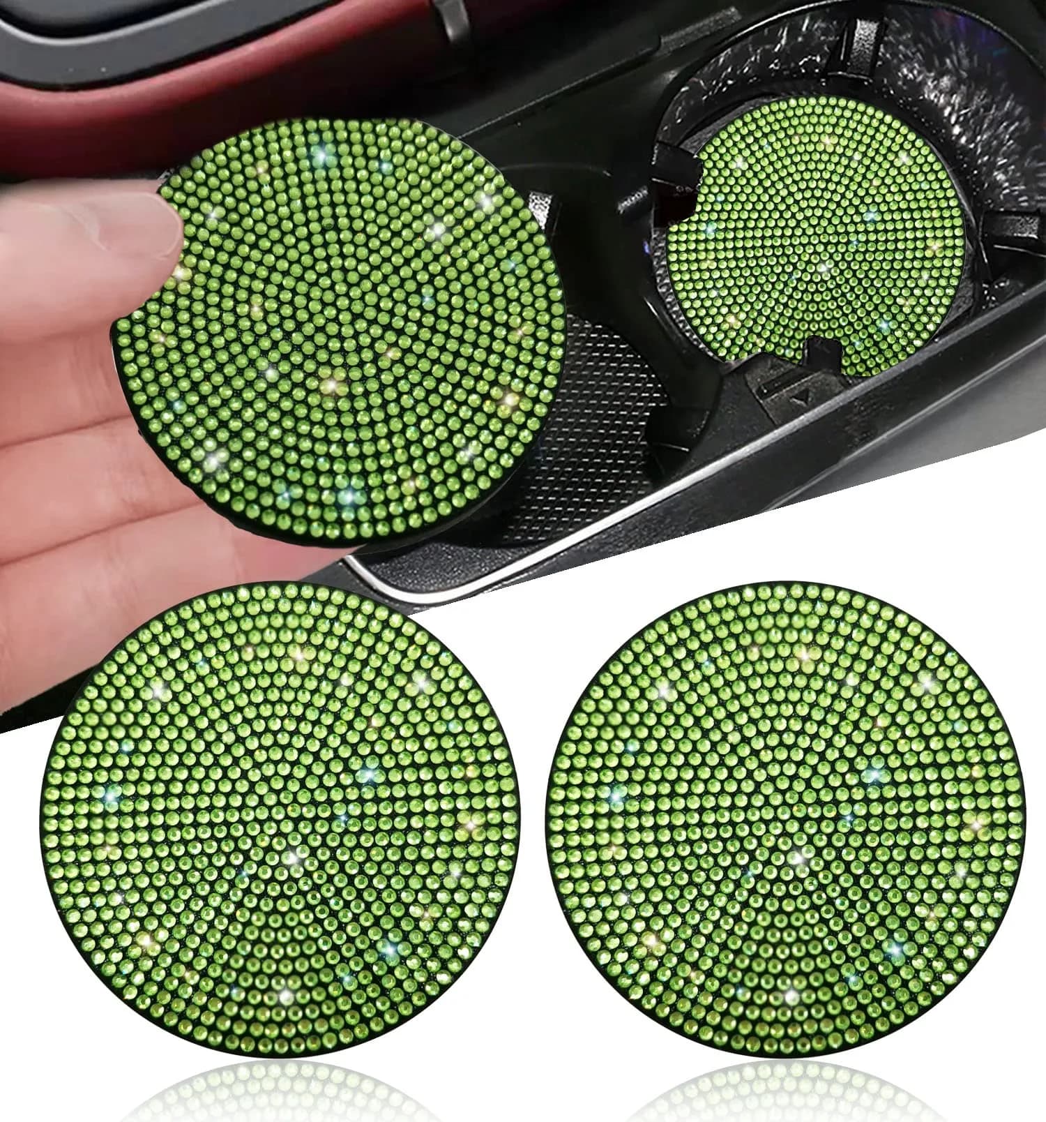 NBTEPEM Bling Car Cup Holder Coasters 2.75 inch - 2 pcs, Light Green | Sparkle & Protect Your Car Interior - main product image