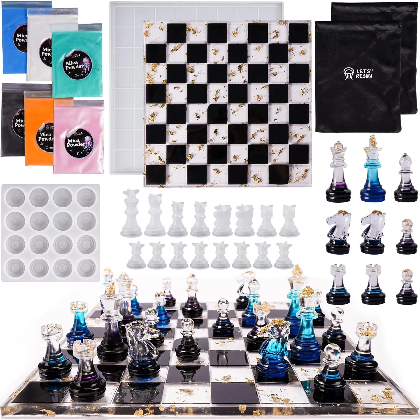 LET'S RESIN Chess Molds for Resin Casting, Full Size 3D Chess Set Molds | 25-Piece Set with Mica Powders