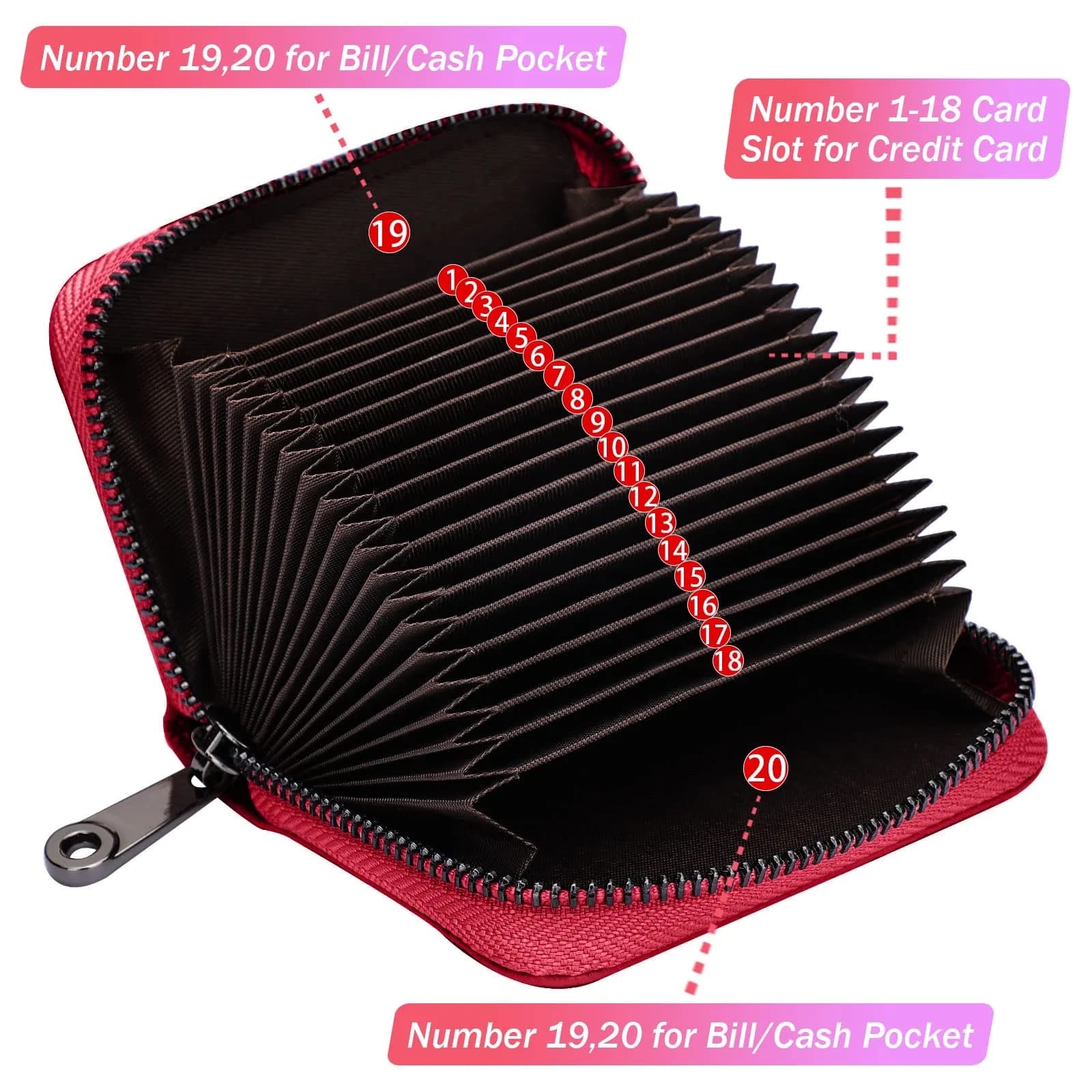 Linno Red Genuine Leather Credit Card Holder with Zipper | 20 Slots - view 2