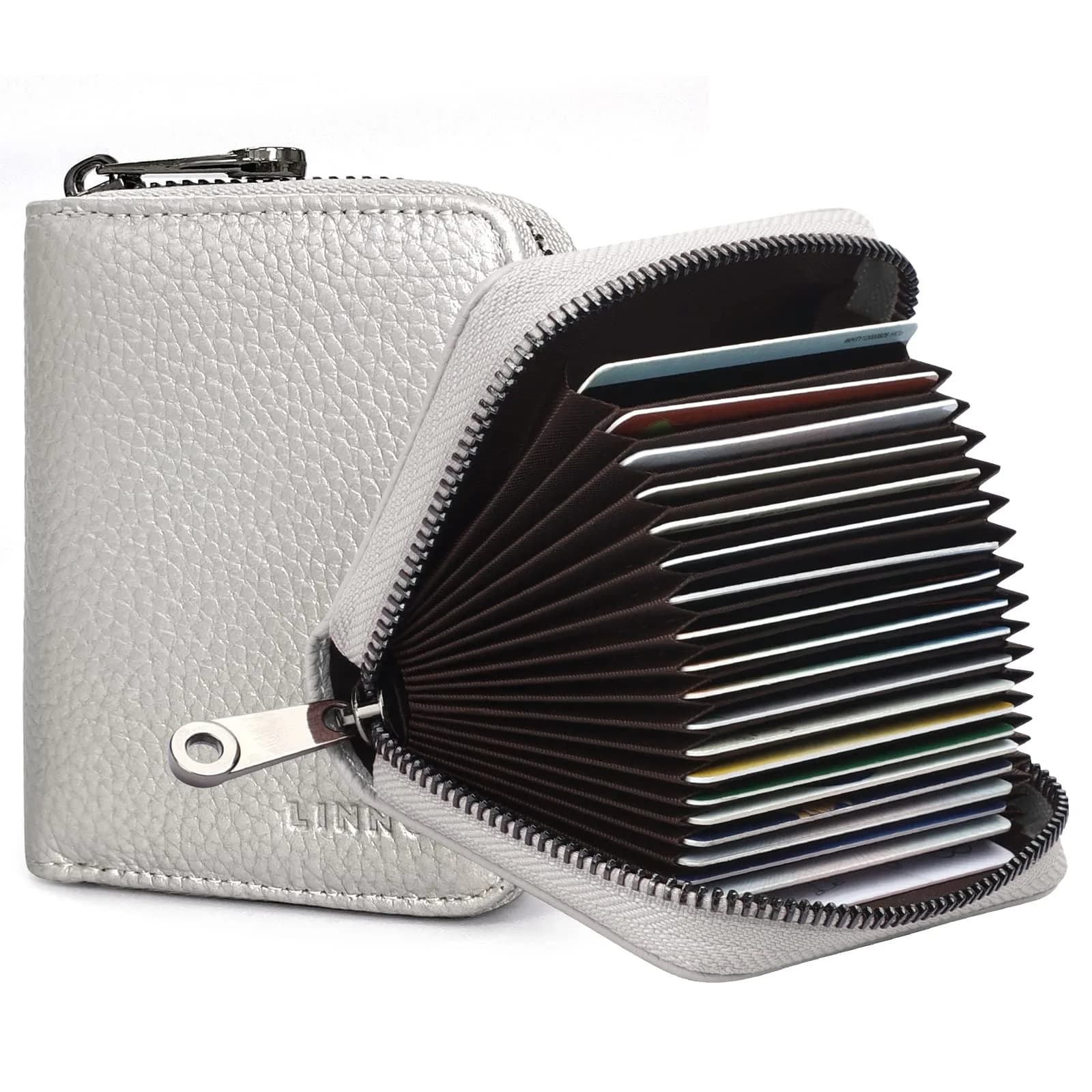 Linno Genuine Leather RFID Credit Card Holder Wallet with Zipper - Silver, 20 Slots - main product image