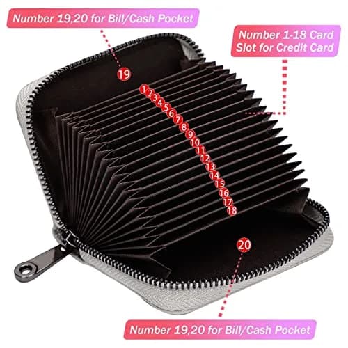 Linno RFID 20 Slots Credit Card Holder Genuine Leather Small Wallet for Women or Men with Zipper | RFID Blocking Accordion Wallet thumbnail 2