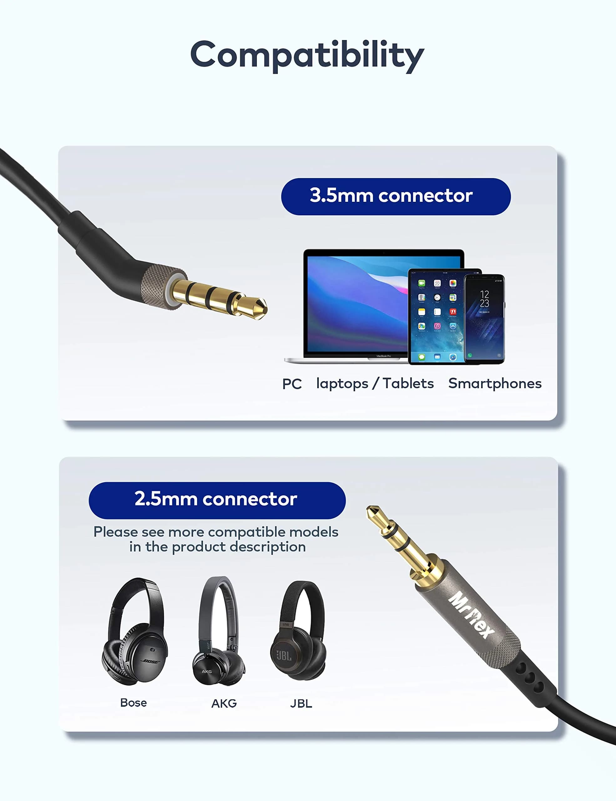 Mr Rex 3.5mm to 2.5mm Aux Cable Cord [2-Pack, 1.5m+2m] | Clear Stereo Sound for Bose, JBL Headphones - view 2